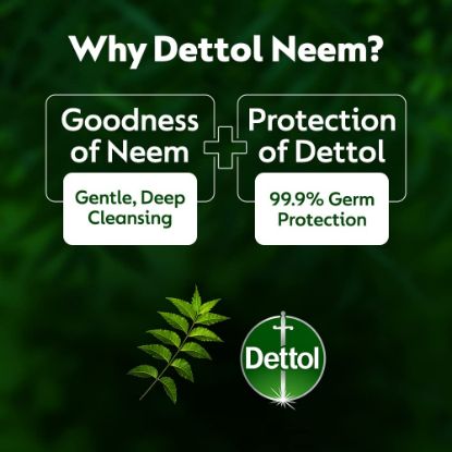 Picture of Dettol Soap Neem with Pure Neem Oil Bathing Shower Bar 125g, protects from 99.9% skin infection causing germs.