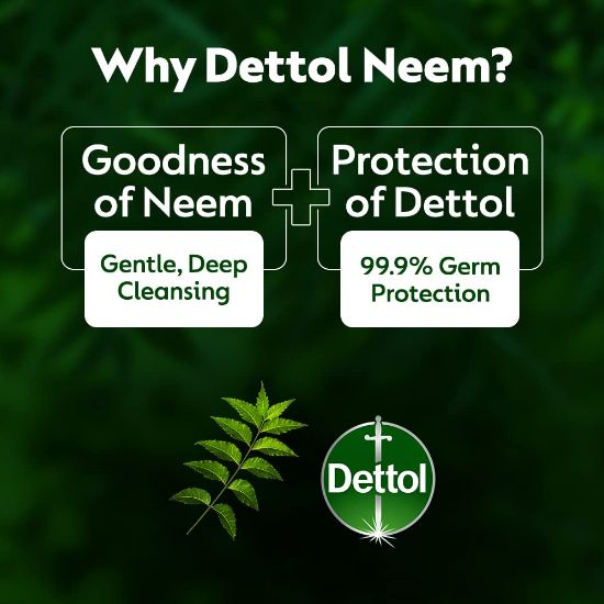 Picture of Dettol Soap Neem with Pure Neem Oil Bathing Shower Bar 125g, protects from 99.9% skin infection causing germs.