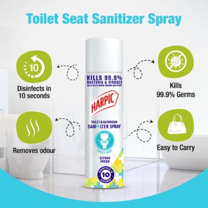 Picture of Harpic Toilet Seat Sanitizer Spray, Kills 99.9% Germs on Toilet Seat Covers, Basin Tap and Doorknob in 10 seconds, Citrus Fresh, 90ml