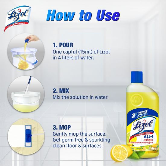 Picture of Lizol Disinfectant Floor & Surface Cleaner Citrus 2x1L Double Pack, Kills 99.9% Germs