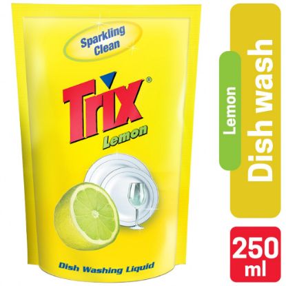 Picture of Trix Dishwashing Liquid 250ml Refill Lemon Fragrance for Scratch-Free Sparkling Clean Dishes, removes grease stains with power-rich thick foam