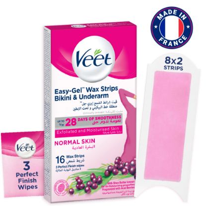 Picture of Veet Wax Strips for Bikini Line, Underarm, Upper Lips & Facial Hair, 16 One-Side Strips (2 Strips Patched Together X 8) & 3 Perfect Finish Wipes for Long Lasting Smoothness, Normal Skin, Made in France